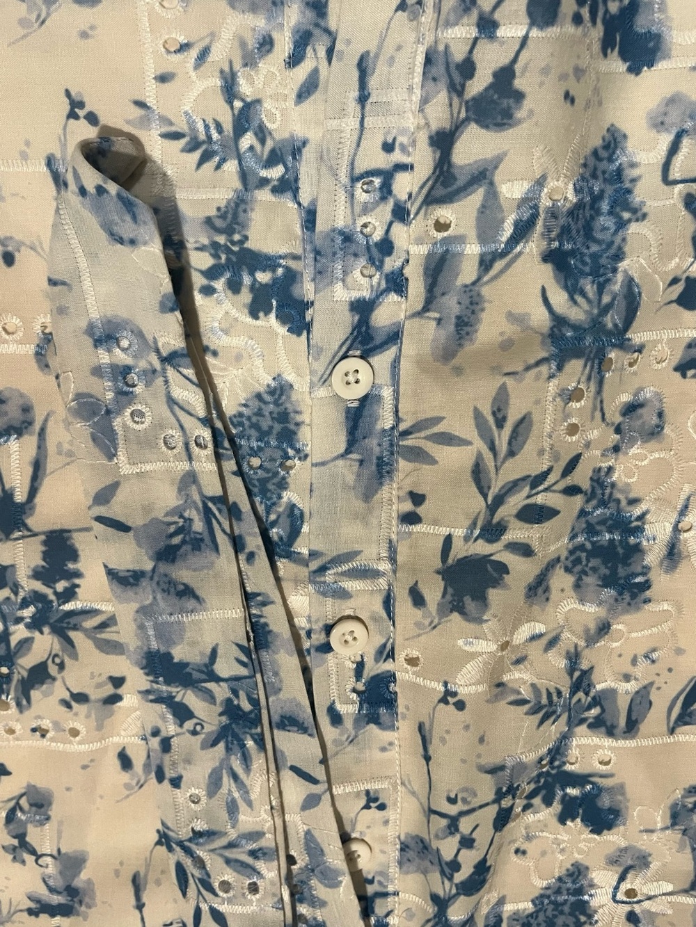 Sam Edelman Cream and Blue Floral Embroidered Lined Tie-Waist Shirt Dress - Picture 5 of 11